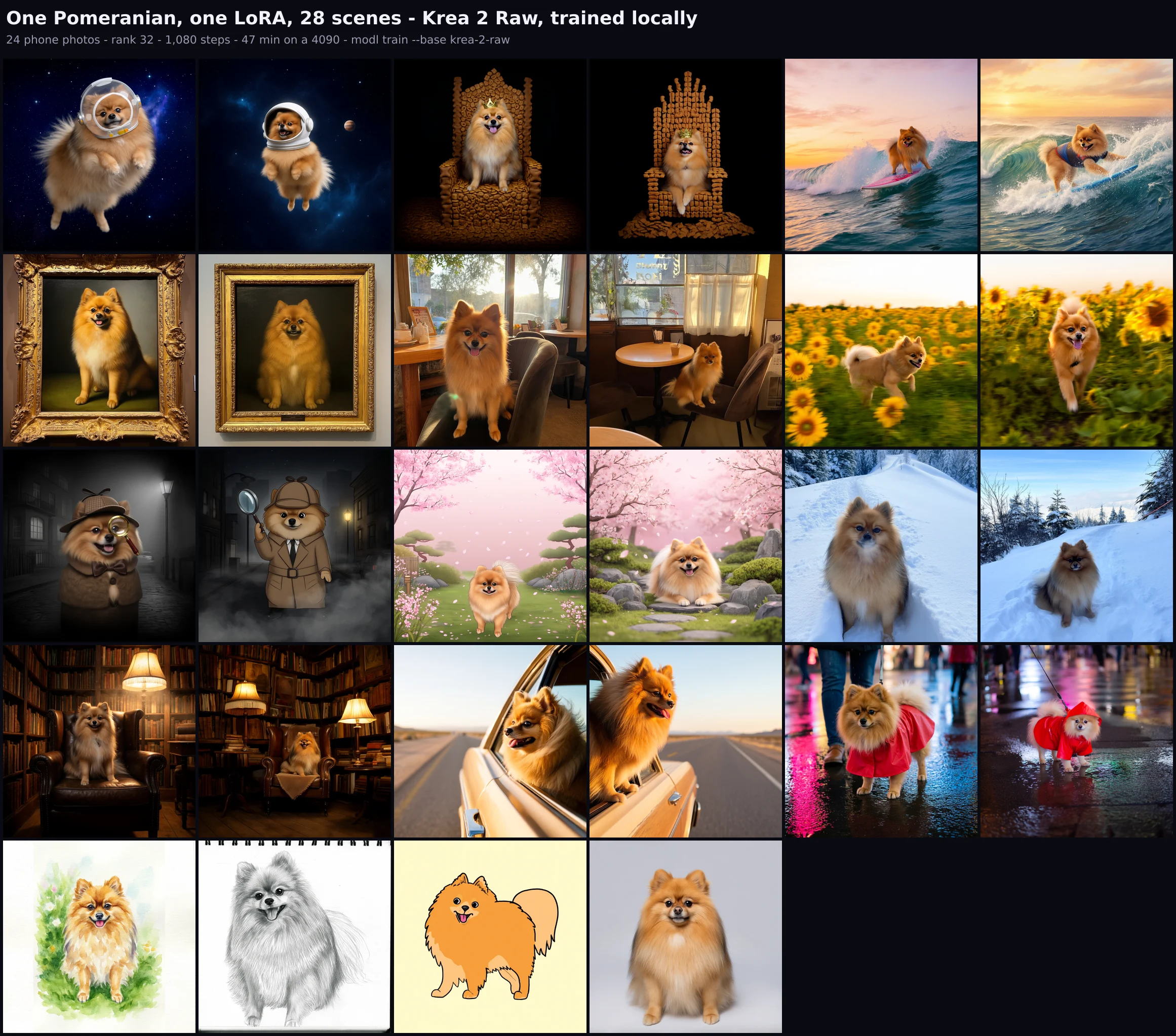 A grid of 28 generated scenes of the same Pomeranian: space, a throne of dog treats, surfing, a renaissance oil painting, a coffee shop, sunflowers, a detective, cherry blossoms, snow, a library, a road trip, rain, watercolour, pencil sketch, cartoon, and a studio portrait