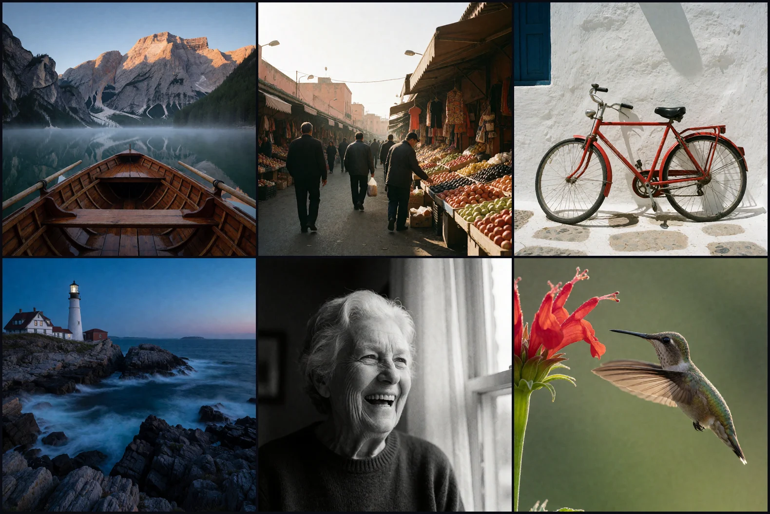 Six images generated with Krea 2 Turbo: an alpine lake rowboat, a Marrakech street market, a red bicycle against a whitewashed wall, a lighthouse at dusk, a black and white portrait, and a hummingbird in flight