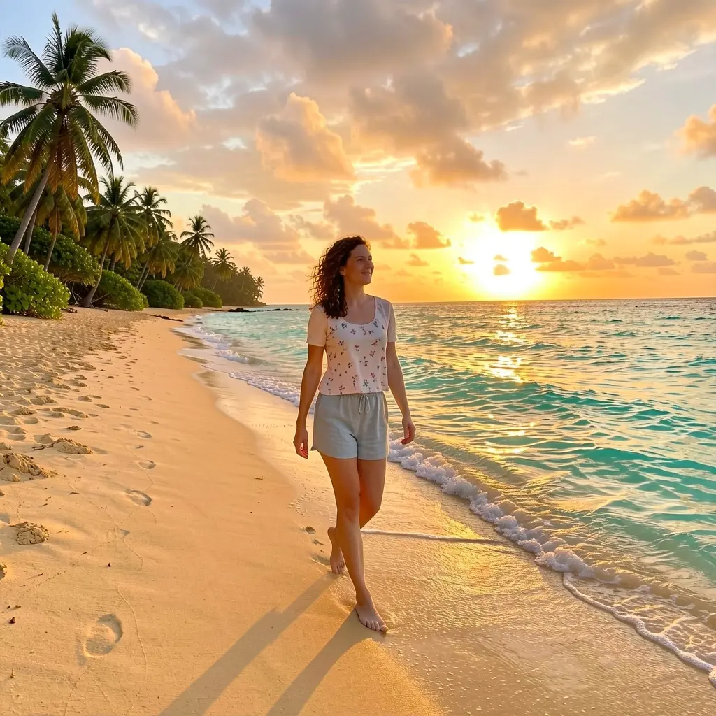 Same woman walking on a tropical beach