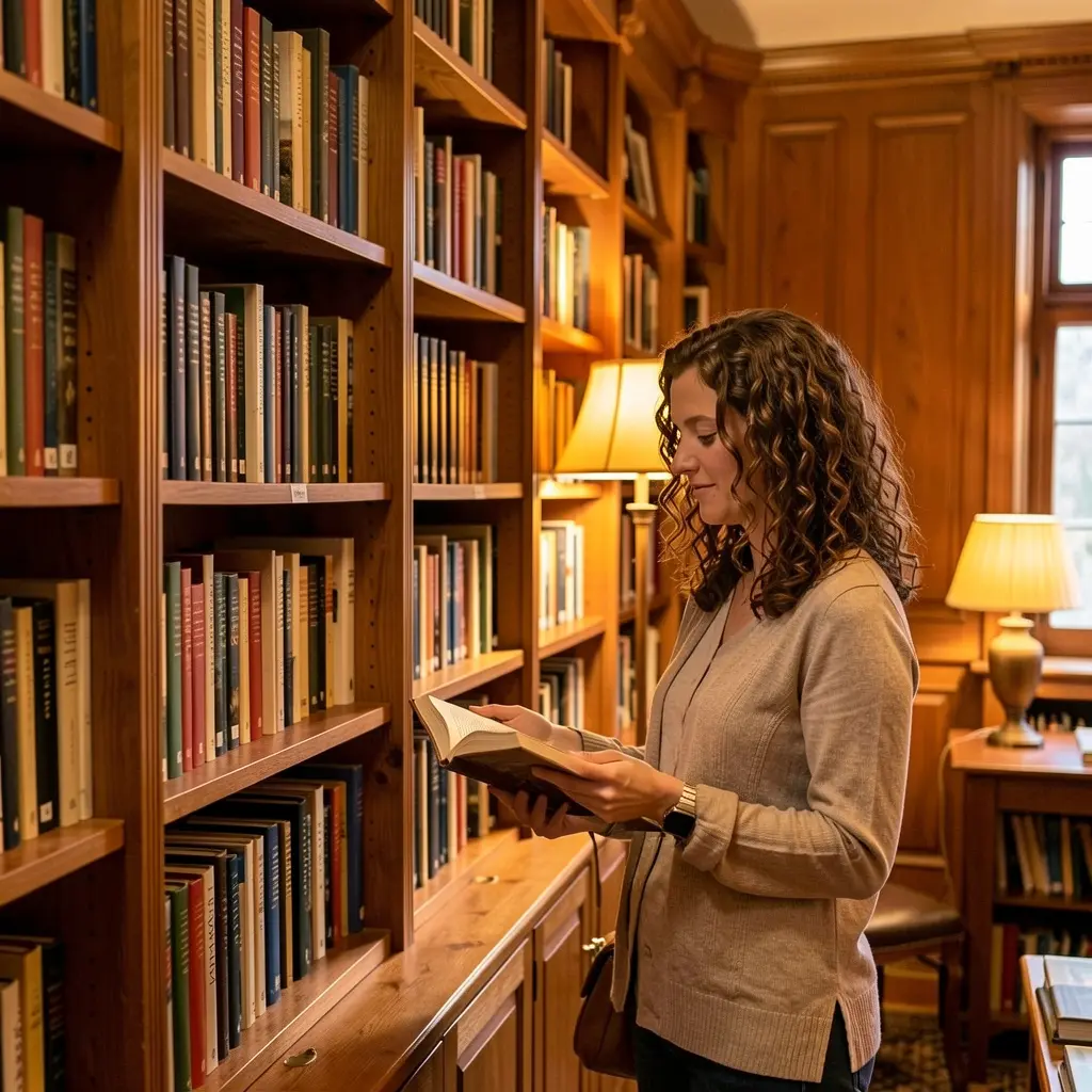 Same woman browsing books in a library