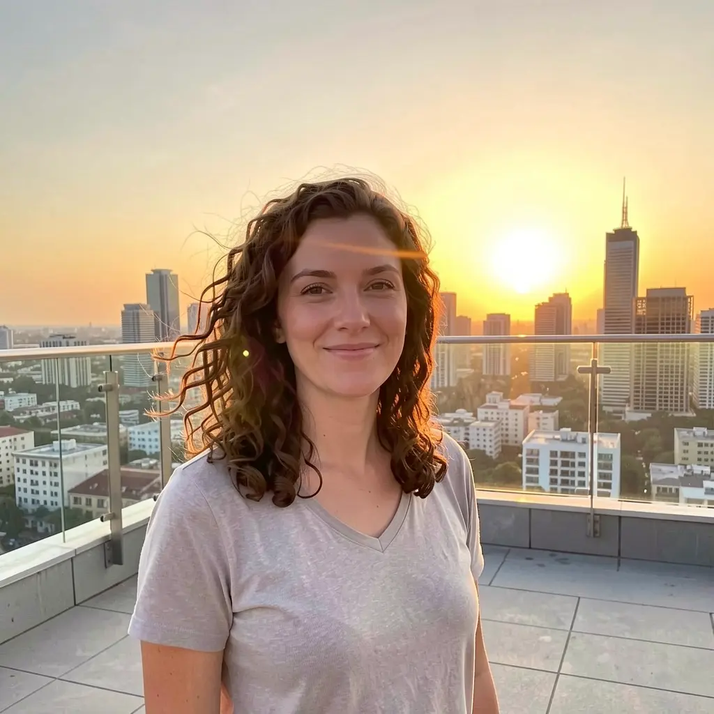 Same woman on a rooftop at sunset