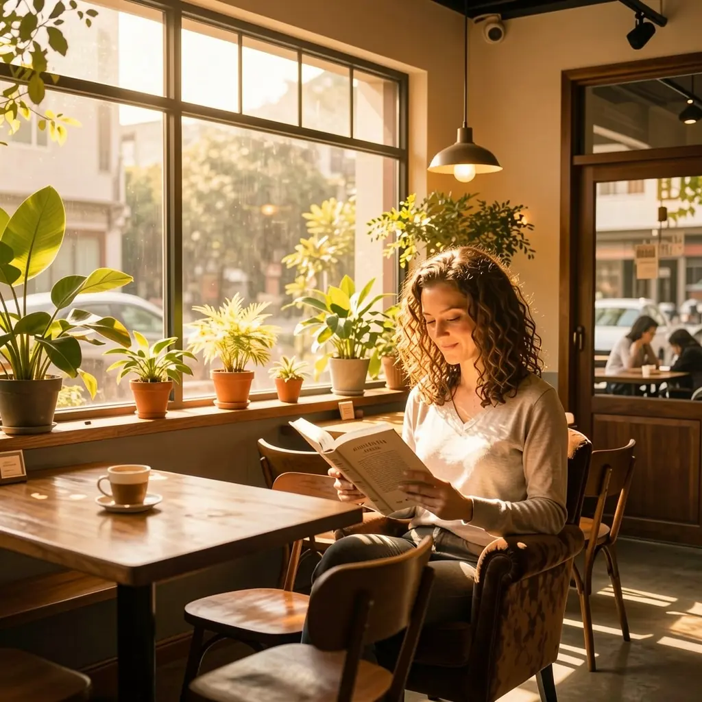 Library, cafe, person