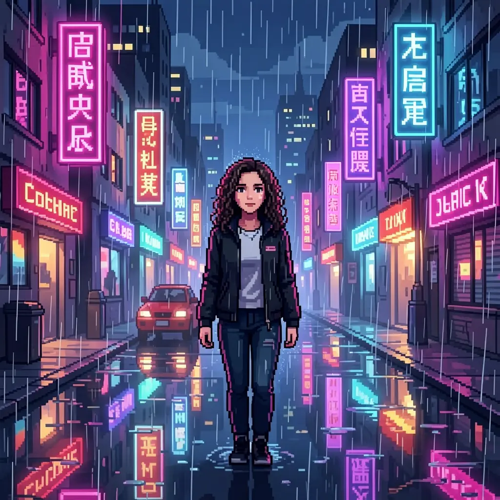 Woman in pixel art cyberpunk city