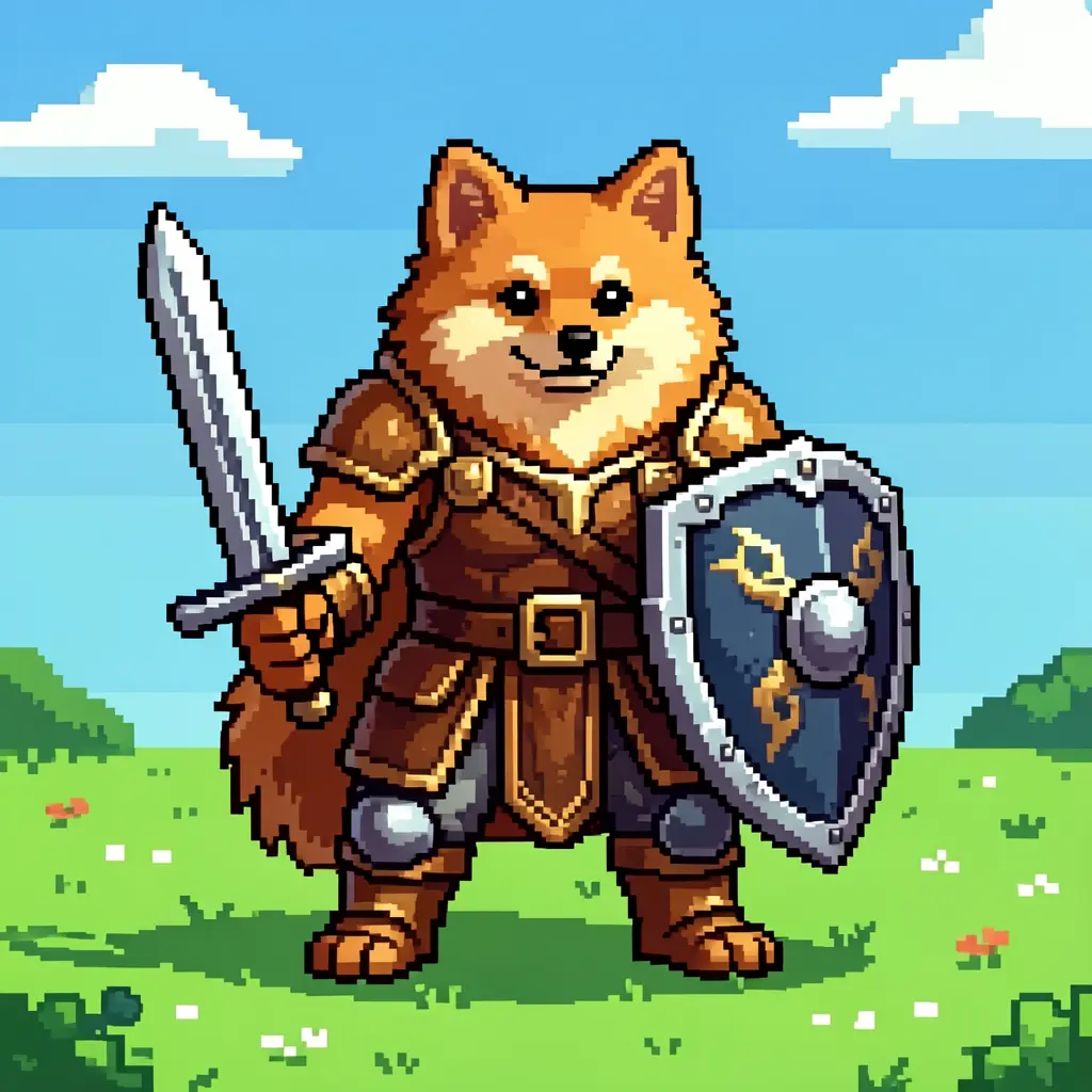 Pomeranian RPG warrior in pixel art style