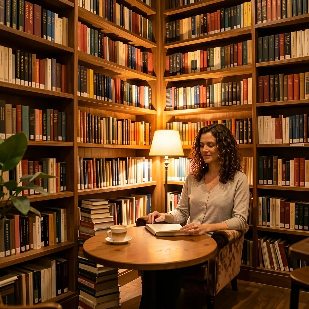 Woman in a book cafe with floor-to-ceiling shelves