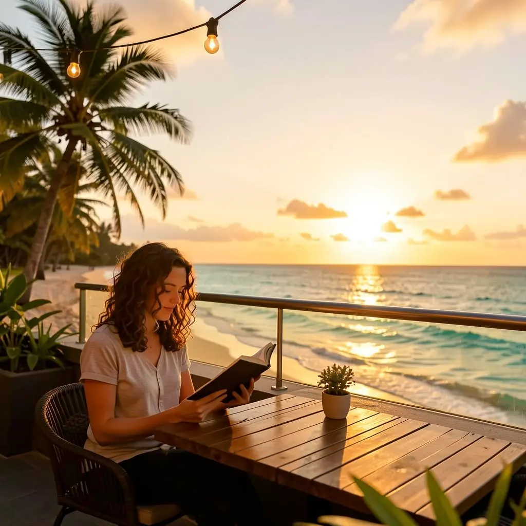 Rooftop cafe overlooking tropical beach at sunset