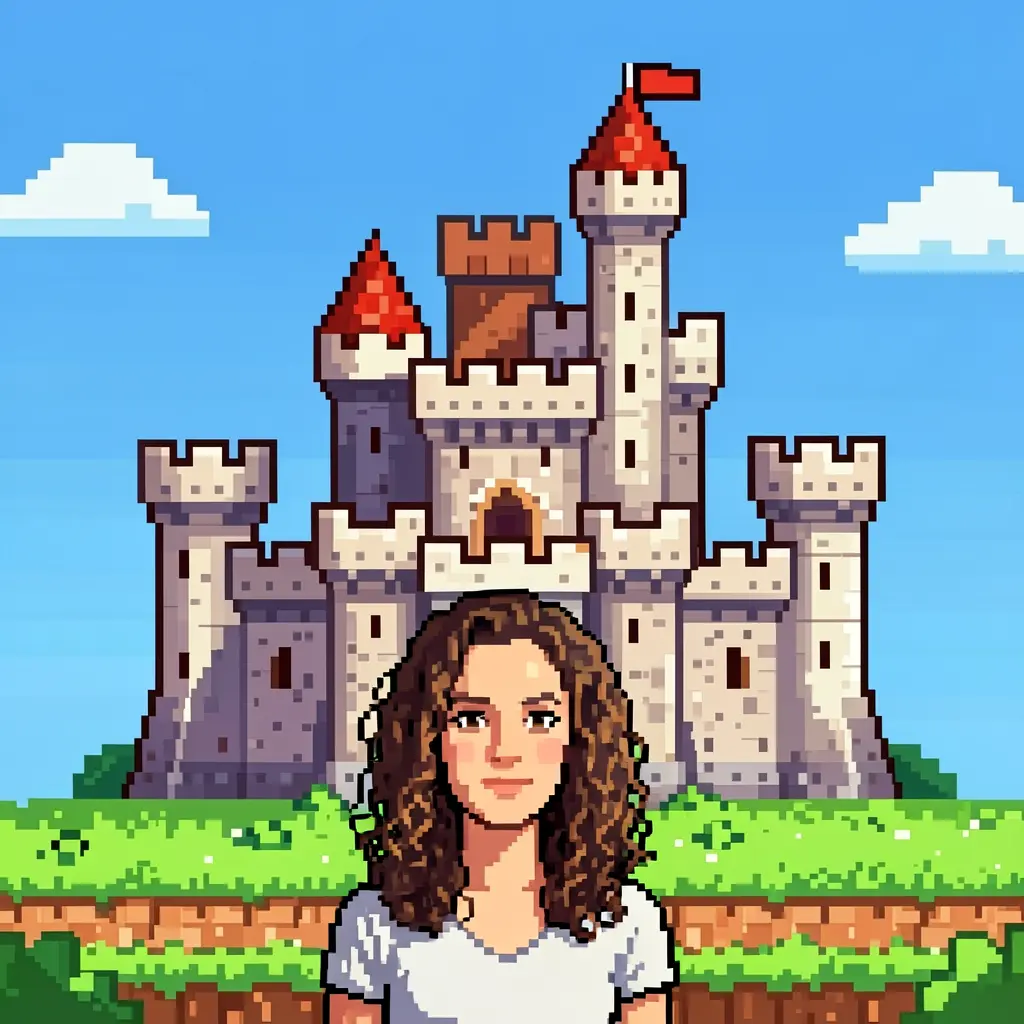 Woman in pixel art castle scene