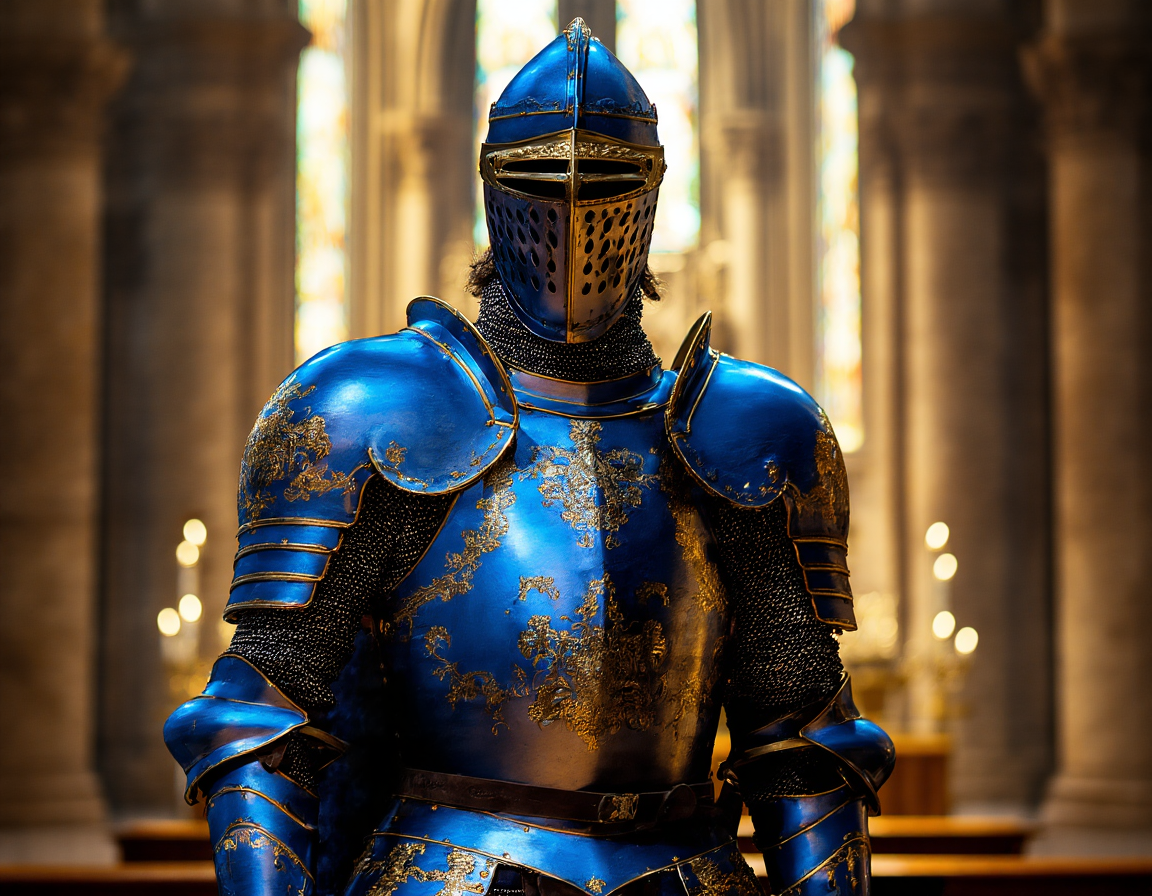 Chroma single-pass — blue knight with weathered gold detail and atmospheric cathedral lighting