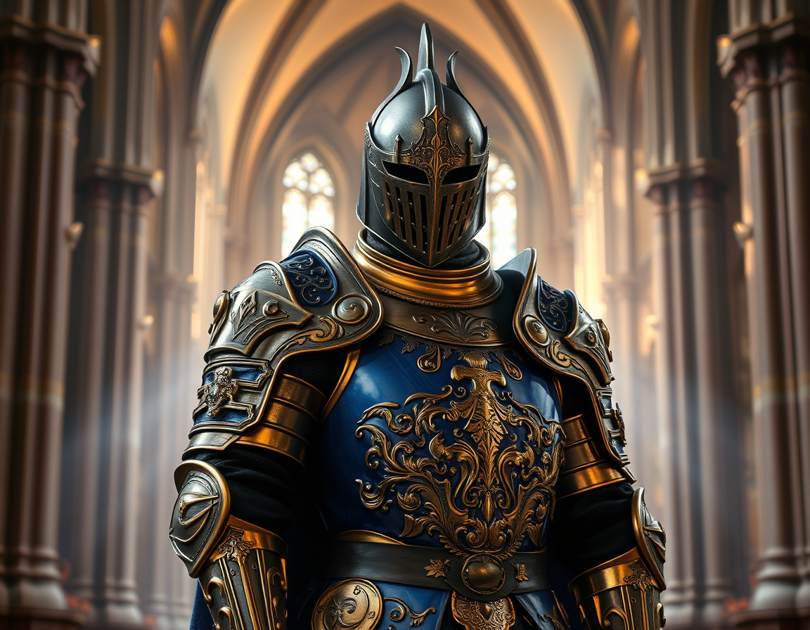Flux Schnell single-pass — photorealistic blue and gold knight with detailed cathedral backdrop