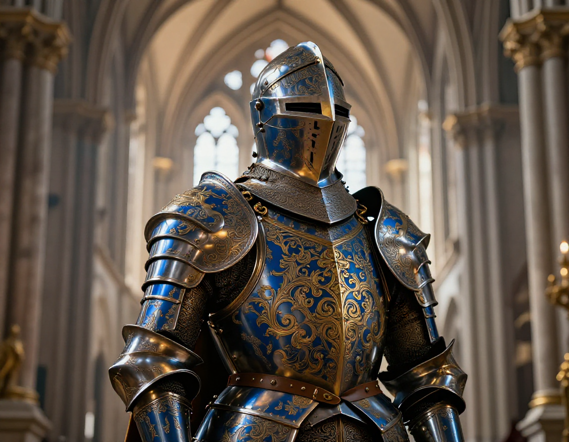 Flux Schnell output after ZIT refinement at 0.5 strength — blue and gold engravings sharpened, ZIT's metal texture style applied