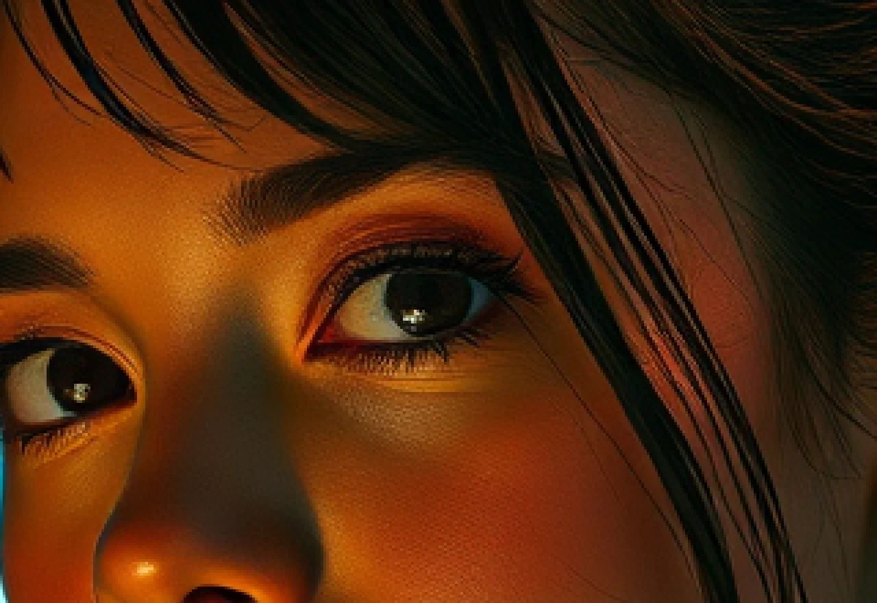 Face detail at 1024px zoomed with nearest-neighbor — pixelated, dithering patterns