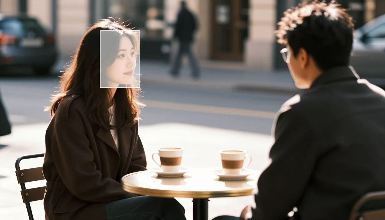 Cafe scene with semi-transparent white rectangle overlaid on the face region