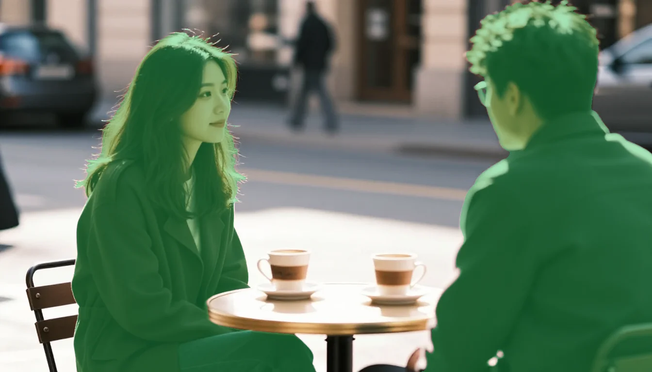 Cafe scene with green overlay on both people showing foreground detection