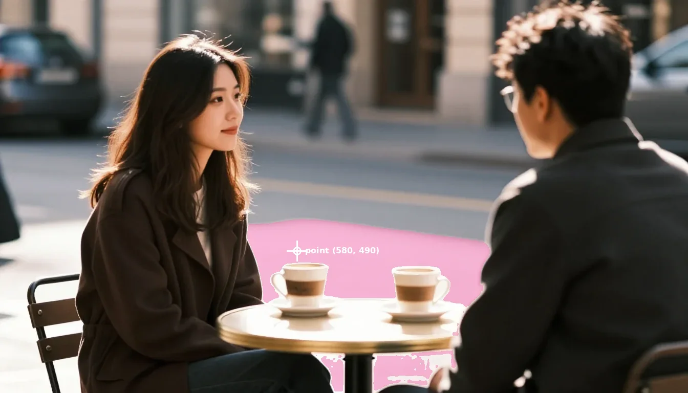 Cafe scene with pink overlay showing SAM's segmentation from a point click, crosshair at (580, 490)