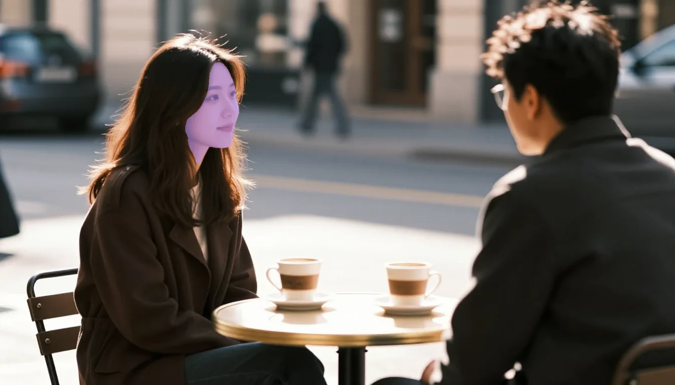 Cafe scene with purple overlay showing SAM's pixel-perfect face mask