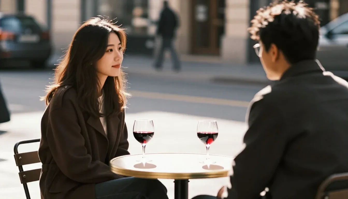 Both coffee cups replaced with glasses of red wine