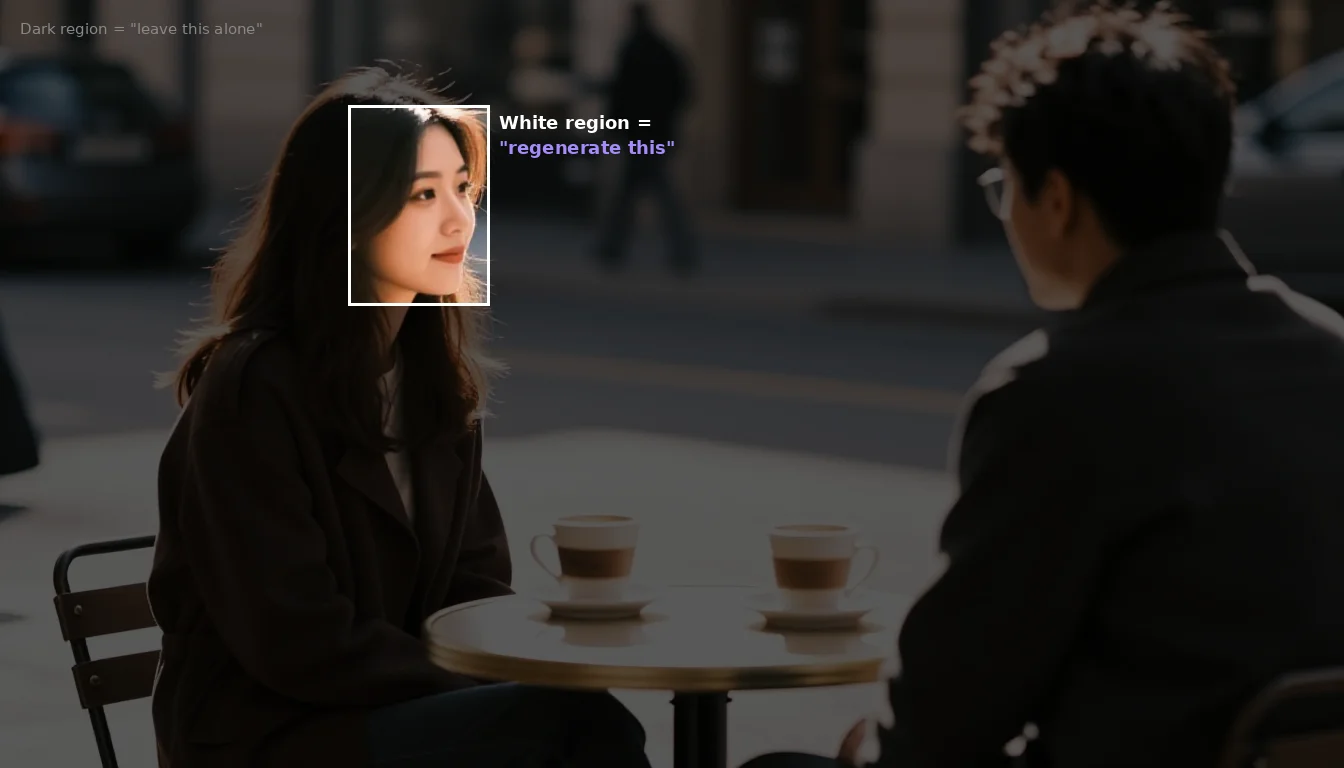 Cafe scene darkened everywhere except the mask region which shows at full brightness, with labels explaining white region means regenerate and dark region means leave alone