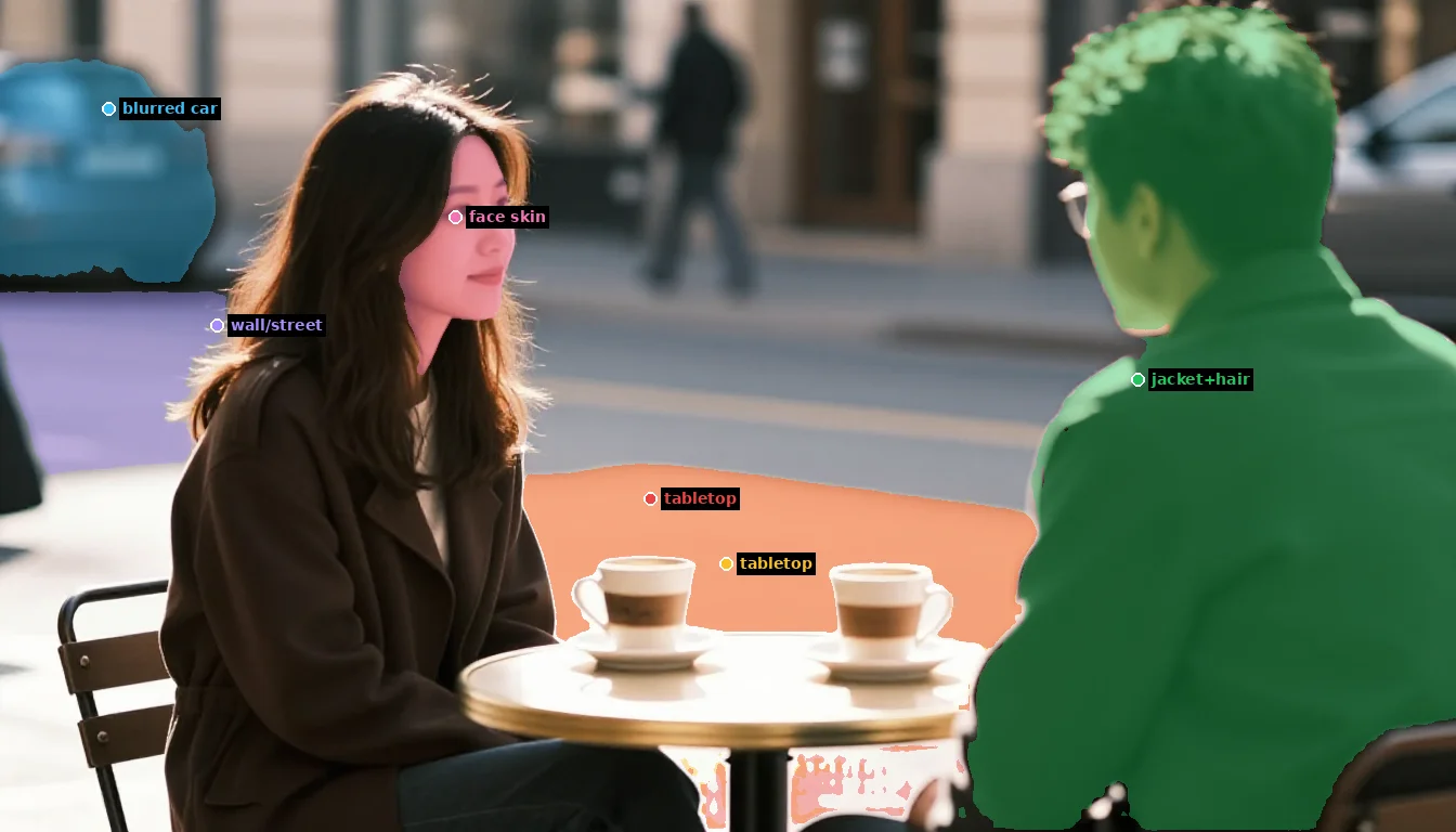 Cafe scene with 6 different colored SAM segments overlaid, labeled with what SAM actually selected: wall/street, face skin, jacket+hair, tabletop (twice), blurred car
