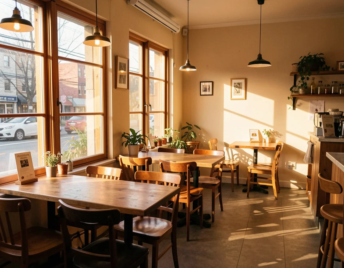 Cozy cafe interior with wooden tables and warm sunlight through windows