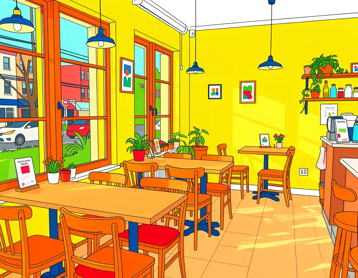 Cafe as children's book illustration with bright colors
