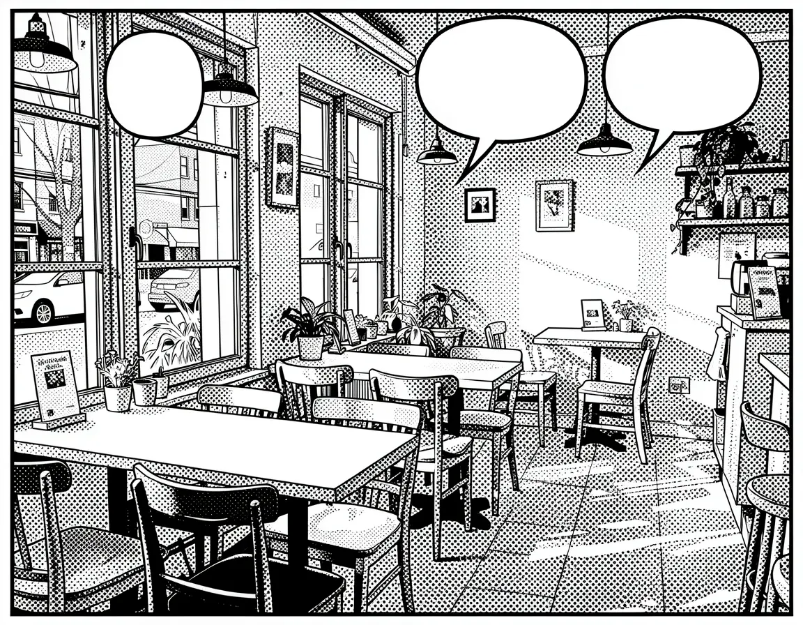 Cafe as comic book panel with speech bubbles