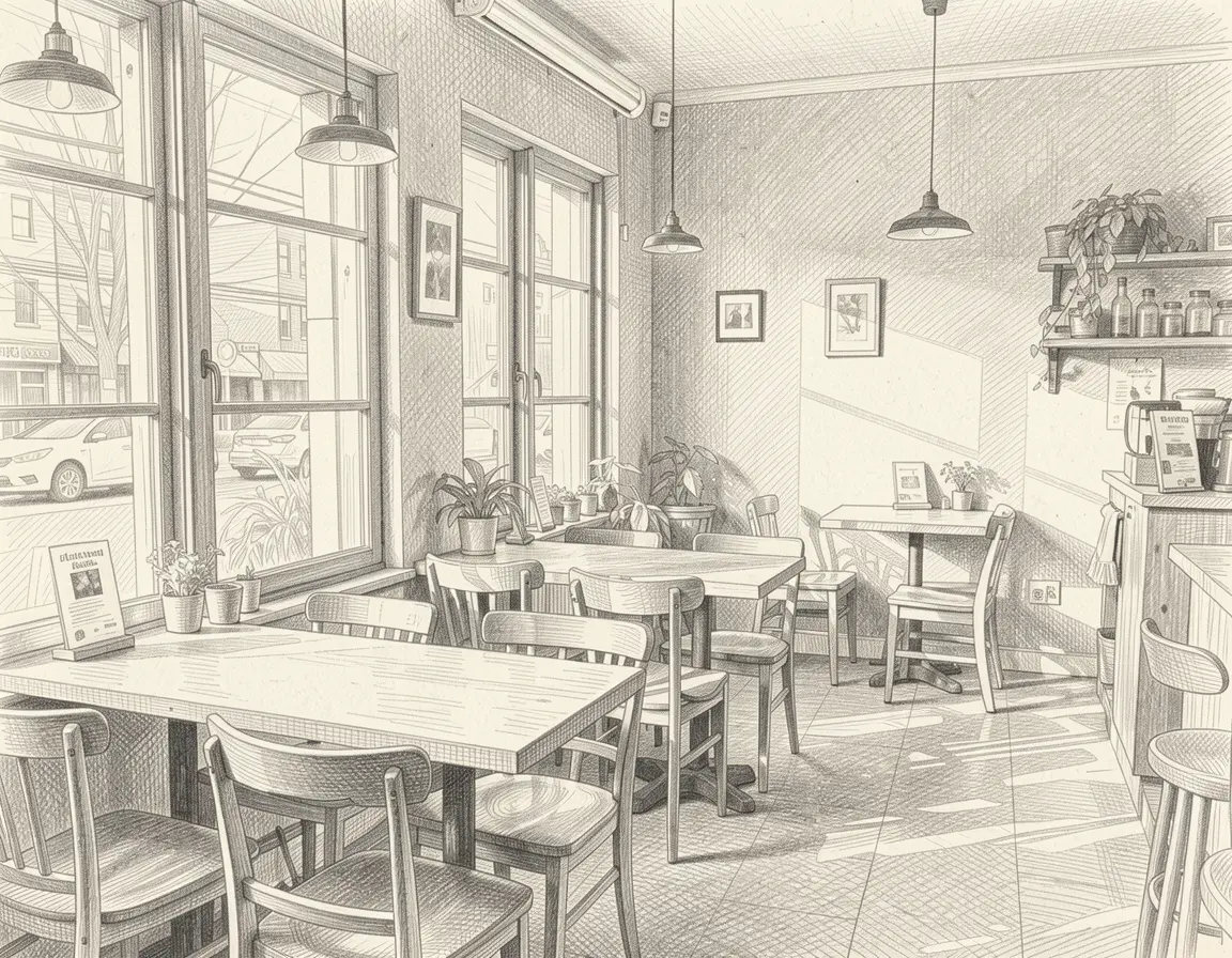 Cafe as detailed pencil sketch with crosshatching