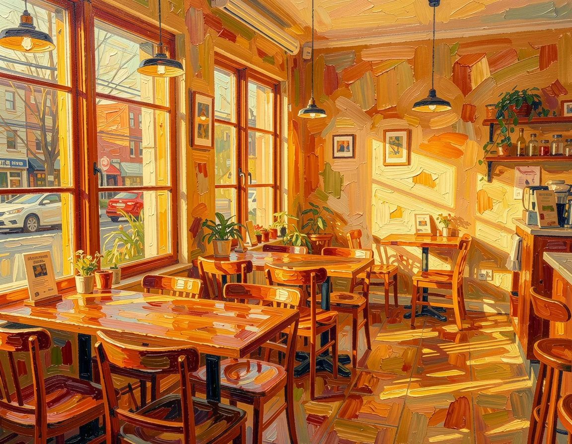 Cafe as an expressionist oil painting with thick brushstrokes