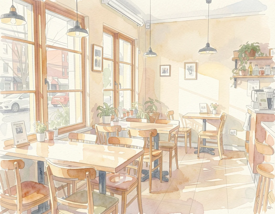Cafe as watercolor with soft washes