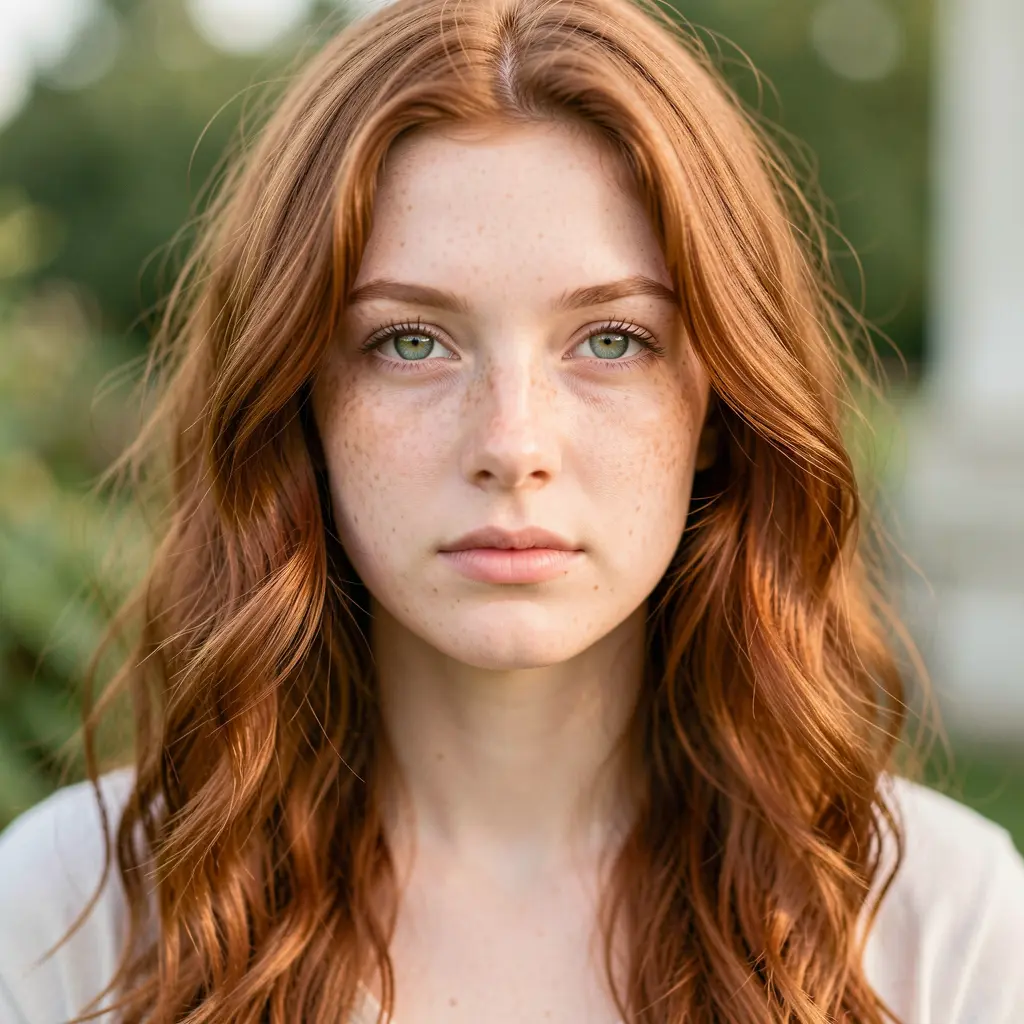 Portrait of a young woman with auburn hair, green eyes, freckles