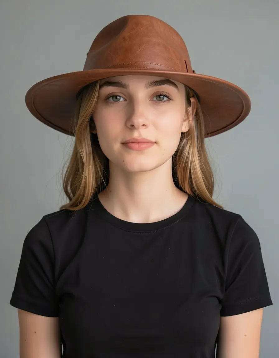 Brown leather wide-brim hat added