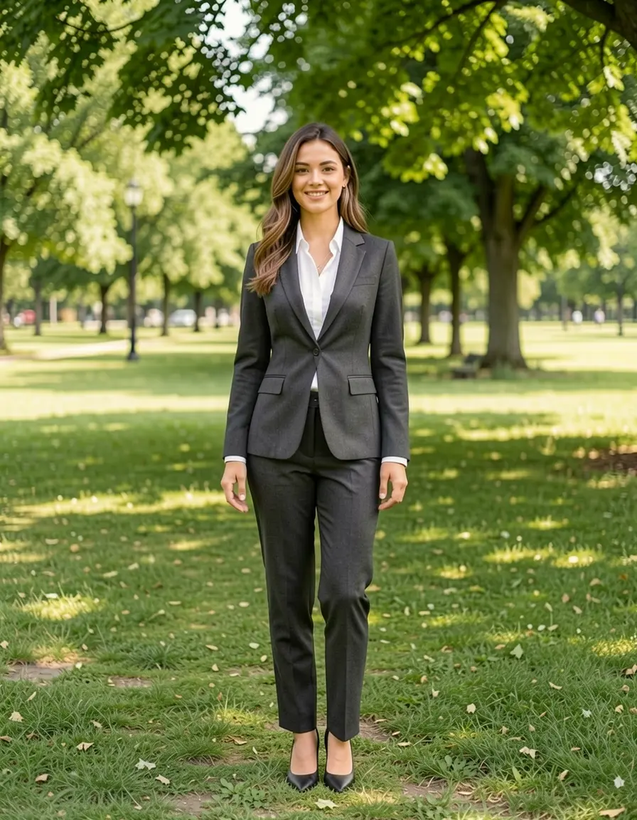 Charcoal business suit with white blouse and heels
