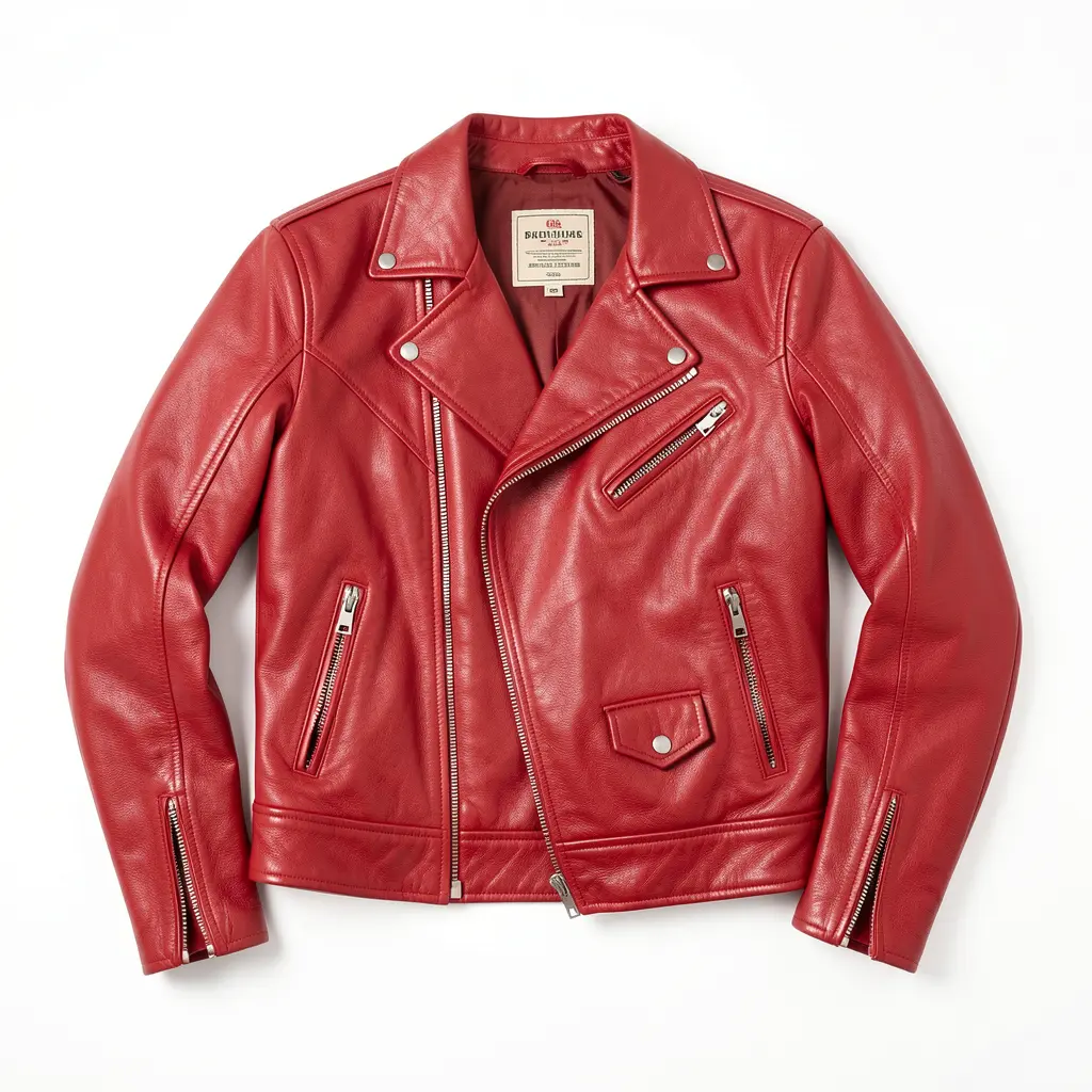 Red leather motorcycle jacket product photo