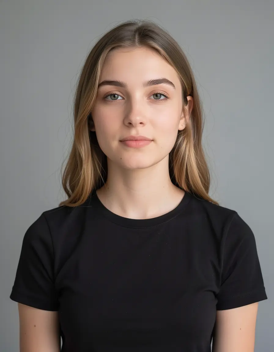 Woman in black top, no accessories, studio background