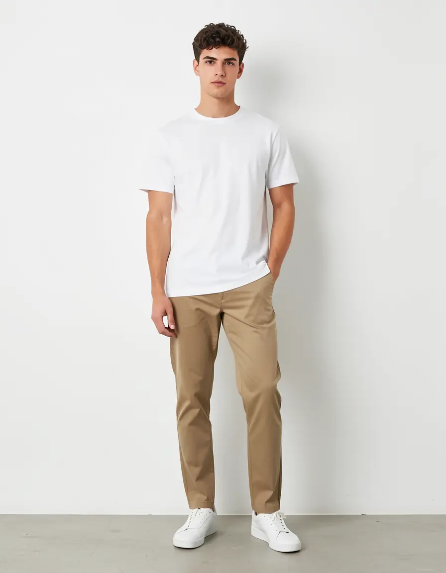 Man in khaki chinos, white t-shirt, white sneakers, studio background