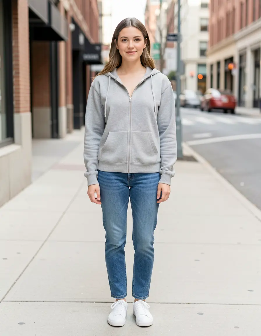 Woman in gray zip-up hoodie, blue jeans, white sneakers, city sidewalk