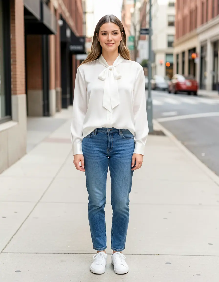 White silk blouse with bow collar