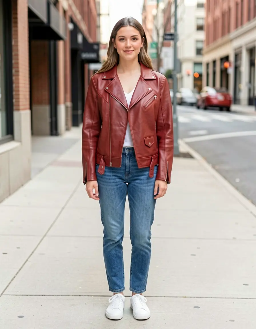 Woman wearing the referenced red leather jacket