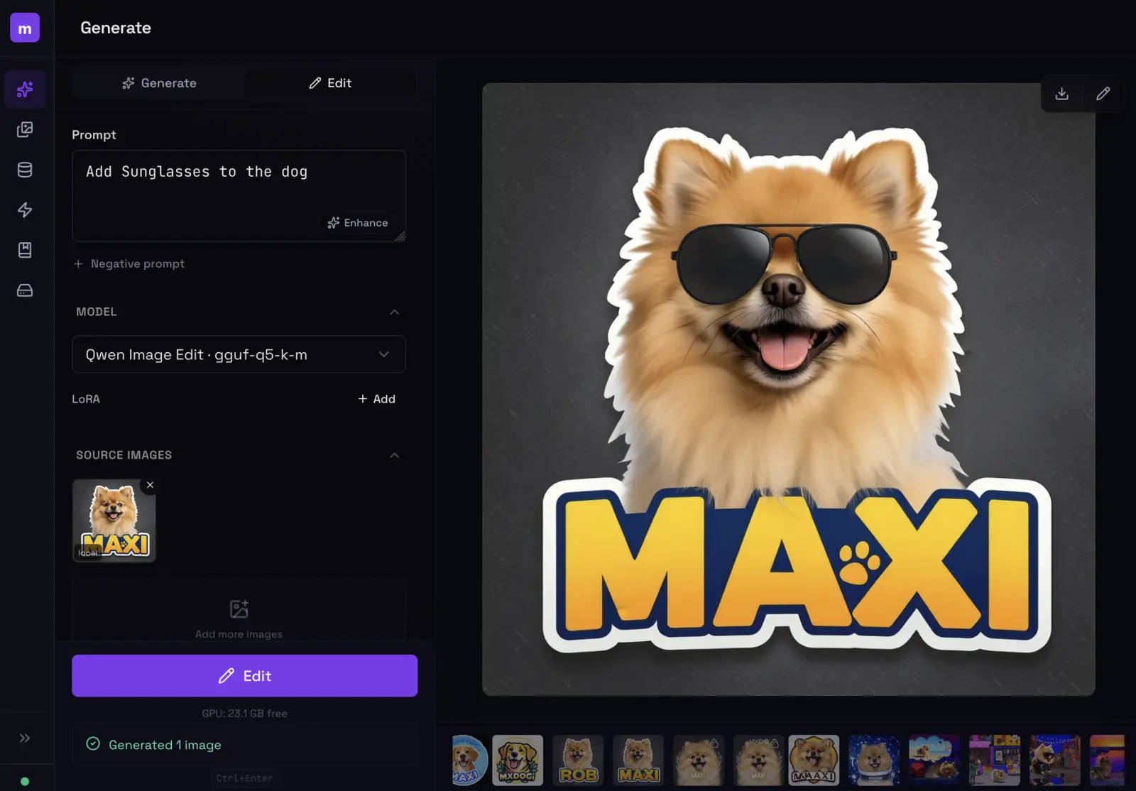 modl web UI — edit mode with Qwen Image Edit model, source image of a dog, and the result showing the same dog with sunglasses added