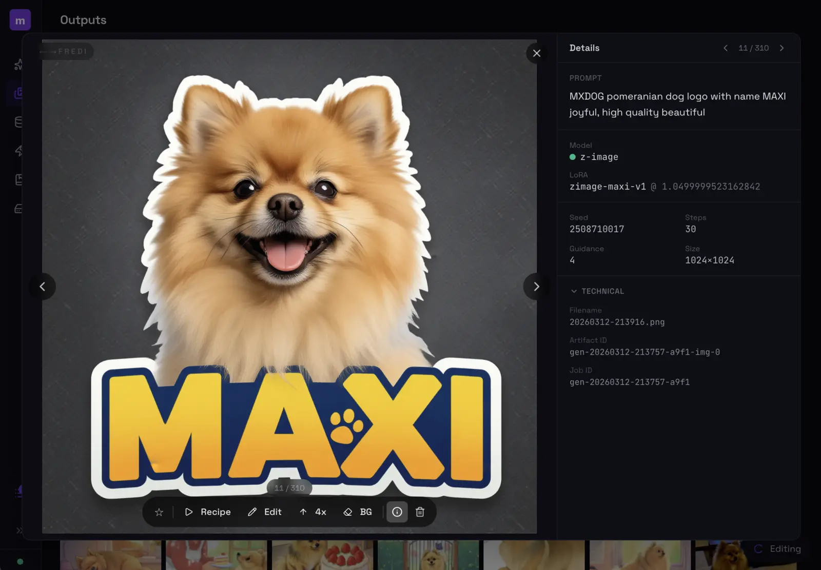 modl web UI — output detail view showing the generated image with metadata panel (prompt, model, LoRA, seed, steps, guidance, size) and action buttons (Recipe, Edit, 4x, BG, delete)