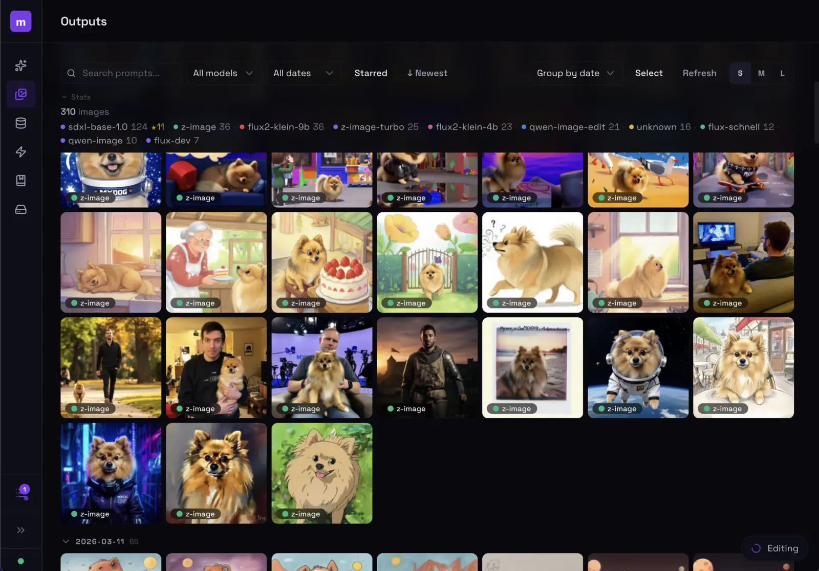 modl web UI — outputs gallery showing 310 images in a grid, with model filter chips, search, date grouping, and size controls