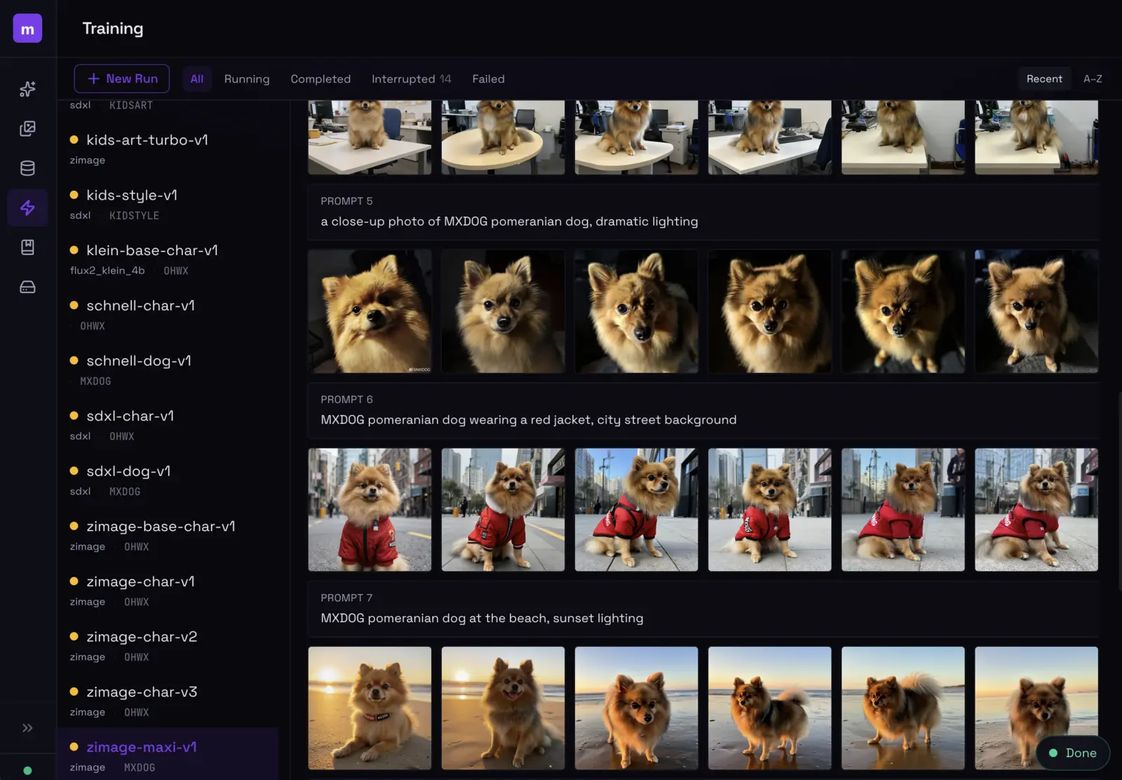 modl training dashboard showing LoRA runs with sample outputs